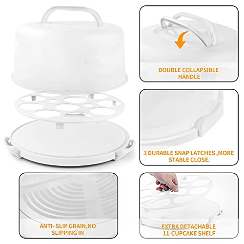 HOYA PONYOO Portable Cake Carrier with Handle, Round Cupcake Holder with Lid, Plastic Storage Container Box fit 10 inch Cake, 3-Locking Muffin and Pies Keeper with Cover (White)
