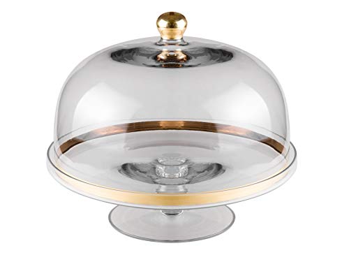 Glass - Cake Stand - and - Dome - with - Gold Rim - and - Gold Knob - for - Cake - Fruit - Cheese - 11.75" Diameter - Made in Europe - by Barski