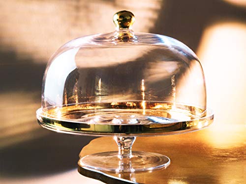 Glass - Cake Stand - and - Dome - with - Gold Rim - and - Gold Knob - for - Cake - Fruit - Cheese - 11.75" Diameter - Made in Europe - by Barski