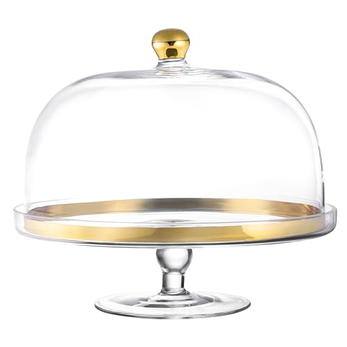 Glass - Cake Stand - and - Dome - with - Gold Rim - and - Gold Knob - for - Cake - Fruit - Cheese - 11.75" Diameter - Made in Europe - by Barski