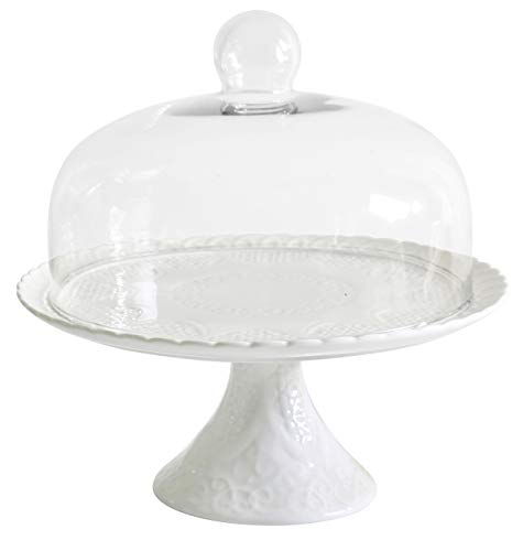 Jusalpha® 12 Inches White Porcelain Decorative Cake Stand-Cupcake Stand (CS01 - Glass dome)