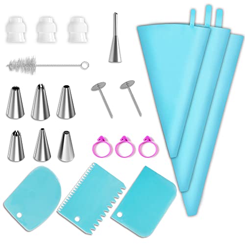 Riccle Cake Decorating Supplies Kit Baking With 3 Reusable Silicone Piping Bags 12,14&16inches- 3 Couplers, 6 Frosting Tips, 1 Bismarck Tip, 3 Icing bag ties, Set Of 3 Cake Scrapers, 2 Flower Nails