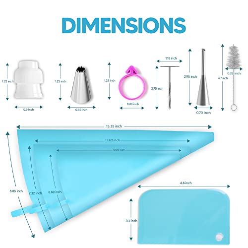Riccle Cake Decorating Supplies Kit Baking With 3 Reusable Silicone Piping Bags 12,14&16inches- 3 Couplers, 6 Frosting Tips, 1 Bismarck Tip, 3 Icing bag ties, Set Of 3 Cake Scrapers, 2 Flower Nails