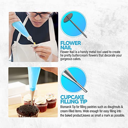 Riccle Cake Decorating Supplies Kit Baking With 3 Reusable Silicone Piping Bags 12,14&16inches- 3 Couplers, 6 Frosting Tips, 1 Bismarck Tip, 3 Icing bag ties, Set Of 3 Cake Scrapers, 2 Flower Nails