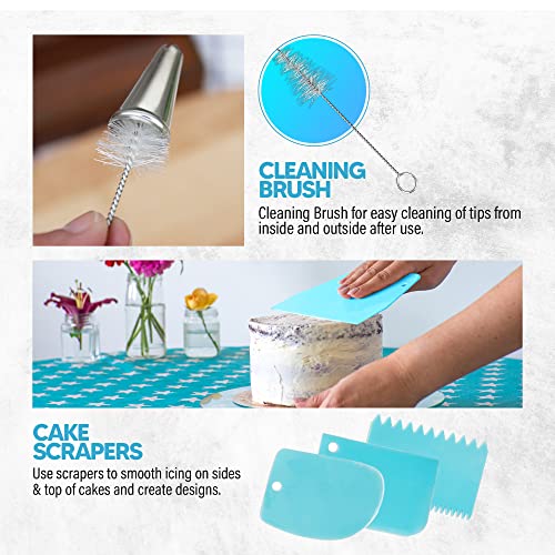 Riccle Cake Decorating Supplies Kit Baking With 3 Reusable Silicone Piping Bags 12,14&16inches- 3 Couplers, 6 Frosting Tips, 1 Bismarck Tip, 3 Icing bag ties, Set Of 3 Cake Scrapers, 2 Flower Nails