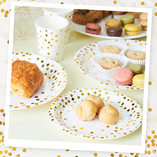 MATICAN Party Paper Plates, 50-Pack Disposable White and Gold Plates, Foil Polka Dots, 9-Inch