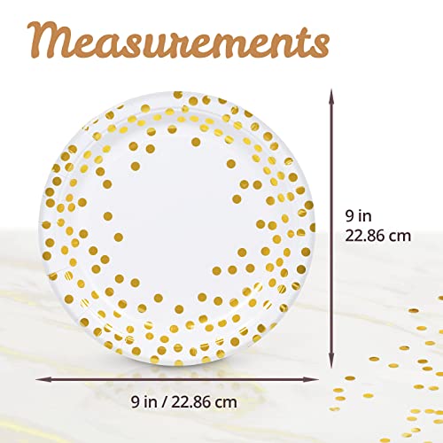 MATICAN Party Paper Plates, 50-Pack Disposable White and Gold Plates, Foil Polka Dots, 9-Inch