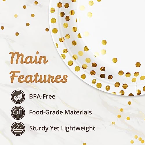 MATICAN Party Paper Plates, 50-Pack Disposable White and Gold Plates, Foil Polka Dots, 9-Inch
