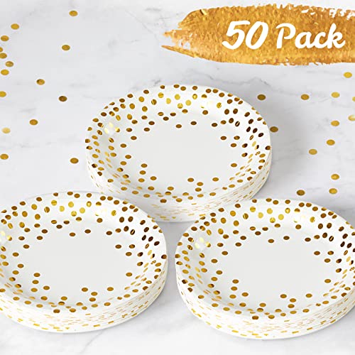 MATICAN Party Paper Plates, 50-Pack Disposable White and Gold Plates, Foil Polka Dots, 9-Inch