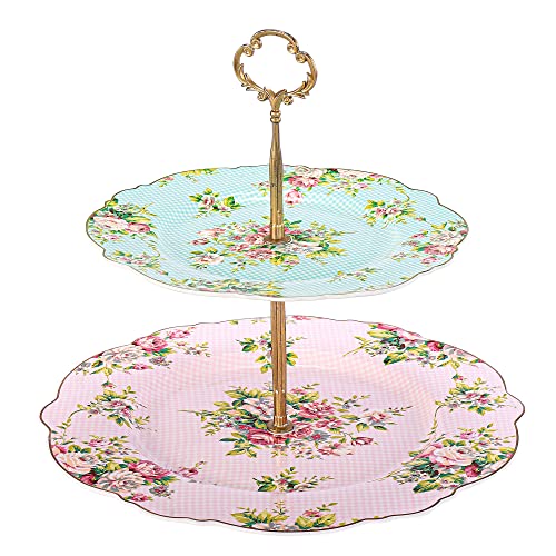 Pulchritudie Pink Azalea Porcelain Two-Tier Cake Stand Cake Plate, 9.5"