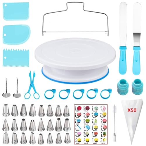 ANSLYQA 93 Pcs Cake Decorating Kit with Cake Turntable,Cake Leveler,24 Numbered Icing Tips,2 Spatulas,2 Coupler,3 Comb Scrapers,Flower Nail & Lifter Scissor,50 Disposable Pastry Bags
