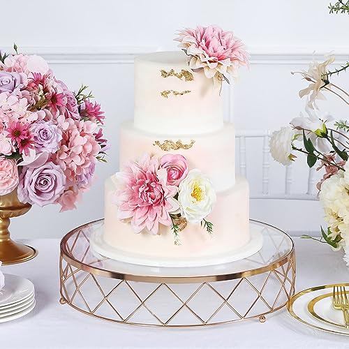 Efavormart 14" Round Metal Geometric Cake Stand Cake Riser with Glass Top Glossy Metallic Finish for Dessert Cupcake Pastry Candy Display Plate Event, Birthday Party