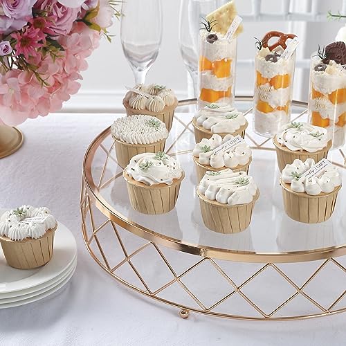 Efavormart 14" Round Metal Geometric Cake Stand Cake Riser with Glass Top Glossy Metallic Finish for Dessert Cupcake Pastry Candy Display Plate Event, Birthday Party