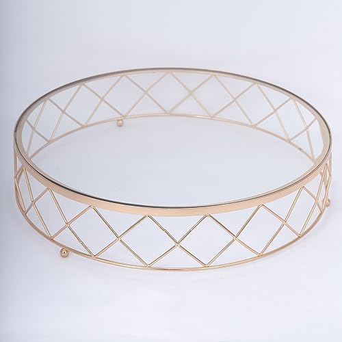 Efavormart 14" Round Metal Geometric Cake Stand Cake Riser with Glass Top Glossy Metallic Finish for Dessert Cupcake Pastry Candy Display Plate Event, Birthday Party