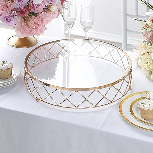 Efavormart 14" Round Metal Geometric Cake Stand Cake Riser with Glass Top Glossy Metallic Finish for Dessert Cupcake Pastry Candy Display Plate Event, Birthday Party