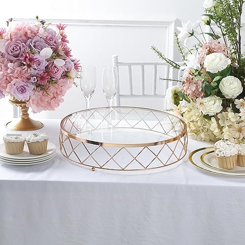 Efavormart 14" Round Metal Geometric Cake Stand Cake Riser with Glass Top Glossy Metallic Finish for Dessert Cupcake Pastry Candy Display Plate Event, Birthday Party