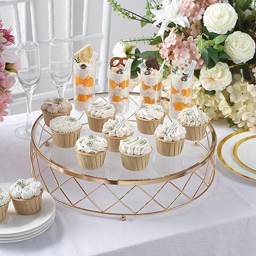 Efavormart 14" Round Metal Geometric Cake Stand Cake Riser with Glass Top Glossy Metallic Finish for Dessert Cupcake Pastry Candy Display Plate Event, Birthday Party