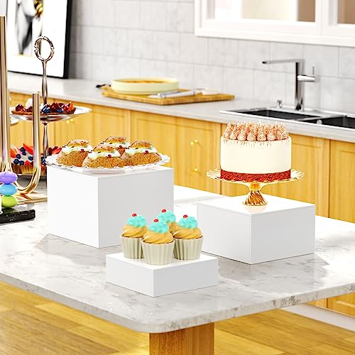 NIUBEE Buffet Risers, Food Display Stands for Party, 3PCS Acrylic Risers for Display Cake Collectibles Jewelry Figures Show, White Cube Dessert Table Display Nesting Riser with Hollow Bottoms 6"x7"x8"