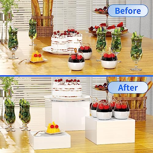 NIUBEE Buffet Risers, Food Display Stands for Party, 3PCS Acrylic Risers for Display Cake Collectibles Jewelry Figures Show, White Cube Dessert Table Display Nesting Riser with Hollow Bottoms 6"x7"x8"