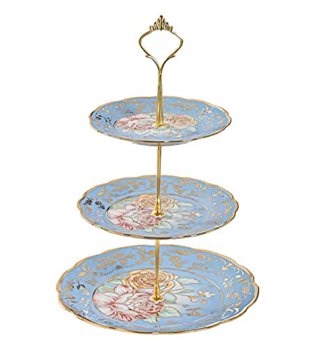 3 Tier Ceramic Vintage Cake Stand with Beautiful Classic Rose Pattern, Food Rack for Displaying Cake Platter (Blue)