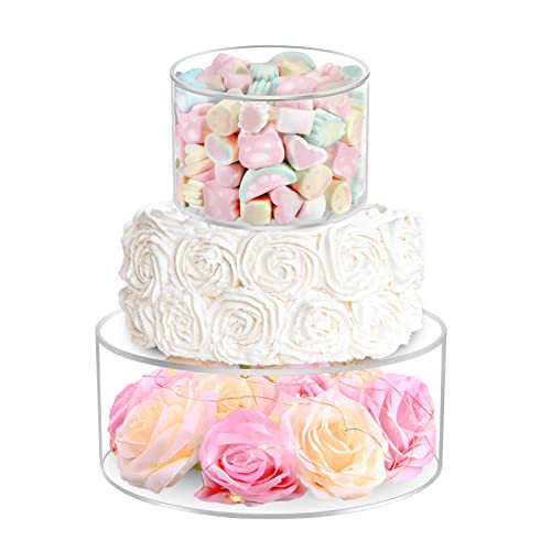 MOJIEZUO 2pcs Clear Acrylic Cake Stand,Fillable Cake Riser Cake Tier,Round Cake Display Riser,Decorative Display Box with Lid for Wedding Birthday Party