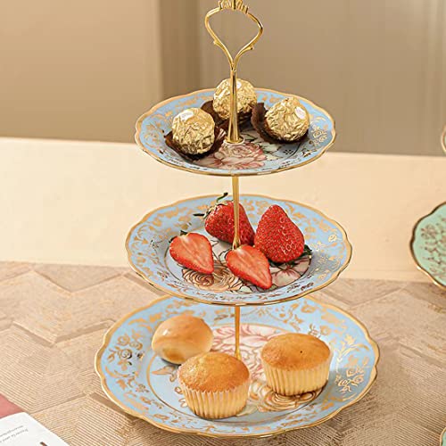 3 Tier Ceramic Vintage Cake Stand with Beautiful Classic Rose Pattern, Food Rack for Displaying Cake Platter (Blue)