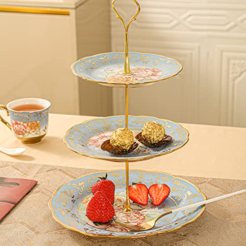 3 Tier Ceramic Vintage Cake Stand with Beautiful Classic Rose Pattern, Food Rack for Displaying Cake Platter (Blue)