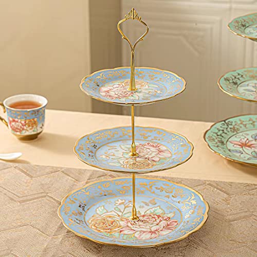 3 Tier Ceramic Vintage Cake Stand with Beautiful Classic Rose Pattern, Food Rack for Displaying Cake Platter (Blue)