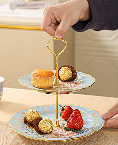 3 Tier Ceramic Vintage Cake Stand with Beautiful Classic Rose Pattern, Food Rack for Displaying Cake Platter (Blue)