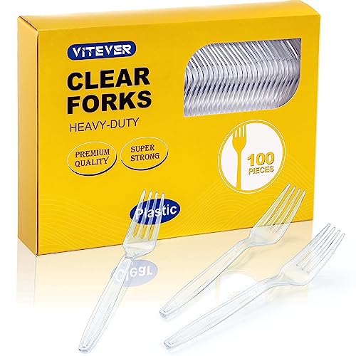 [100 Count] Clear Plastic Forks Heavy Duty, Premium Disposable Forks, Durable Plastic Cutlery for Parties, Picnics, Big Event, Daily Use - Heat Resistant & BPA Free
