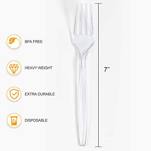 [100 Count] Clear Plastic Forks Heavy Duty, Premium Disposable Forks, Durable Plastic Cutlery for Parties, Picnics, Big Event, Daily Use - Heat Resistant & BPA Free