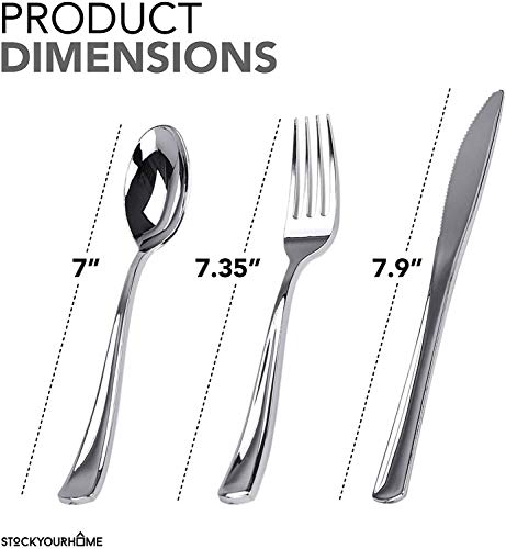 Stock Your Home 125 Disposable Heavy Duty Plastic Forks, Fancy Plastic Silverware Looks Like Real Cutlery - Utensils Perfect for Catering Events, Restaurants, Parties and Weddings (Silver)