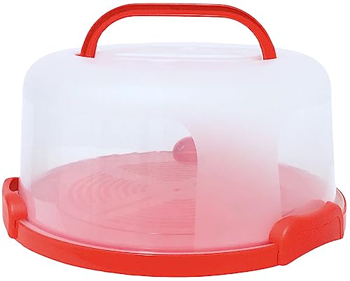 Flixeno Large Sturdy Red Round Cake Carrier Holder Up to 10 inch Multi Purpose Cover Five Section Keeper for Easily Hold & Transport Cakes Pies & Cupcakes with Collapsible Handles + Extra Clips