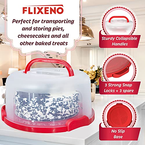 Flixeno Large Sturdy Red Round Cake Carrier Holder Up to 10 inch Multi Purpose Cover Five Section Keeper for Easily Hold & Transport Cakes Pies & Cupcakes with Collapsible Handles + Extra Clips