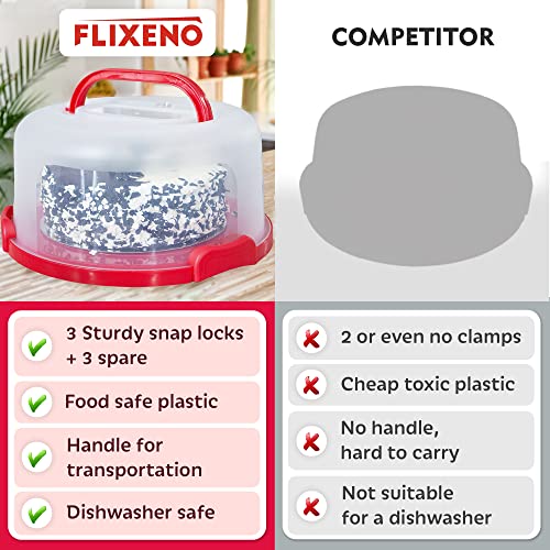 Flixeno Large Sturdy Red Round Cake Carrier Holder Up to 10 inch Multi Purpose Cover Five Section Keeper for Easily Hold & Transport Cakes Pies & Cupcakes with Collapsible Handles + Extra Clips