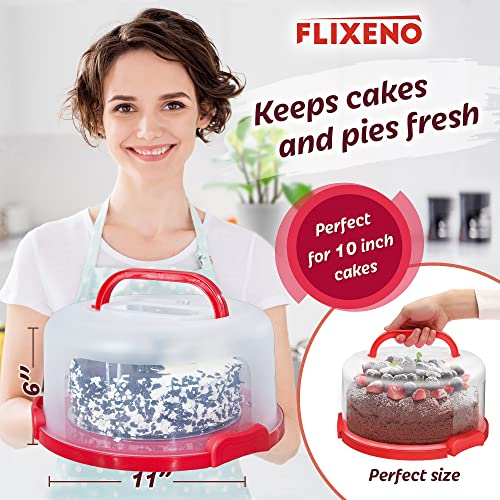 Flixeno Large Sturdy Red Round Cake Carrier Holder Up to 10 inch Multi Purpose Cover Five Section Keeper for Easily Hold & Transport Cakes Pies & Cupcakes with Collapsible Handles + Extra Clips