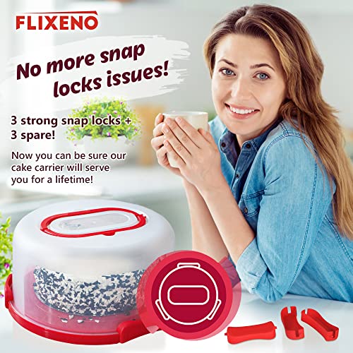 Flixeno Large Sturdy Red Round Cake Carrier Holder Up to 10 inch Multi Purpose Cover Five Section Keeper for Easily Hold & Transport Cakes Pies & Cupcakes with Collapsible Handles + Extra Clips
