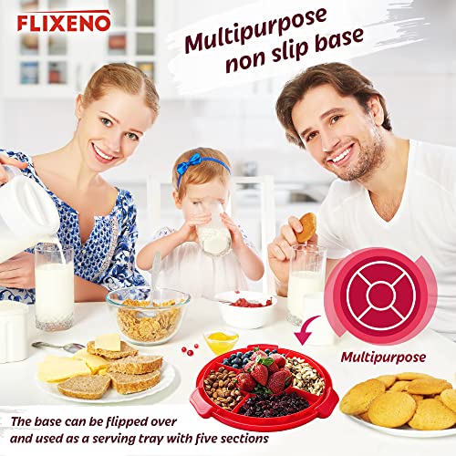 Flixeno Large Sturdy Red Round Cake Carrier Holder Up to 10 inch Multi Purpose Cover Five Section Keeper for Easily Hold & Transport Cakes Pies & Cupcakes with Collapsible Handles + Extra Clips