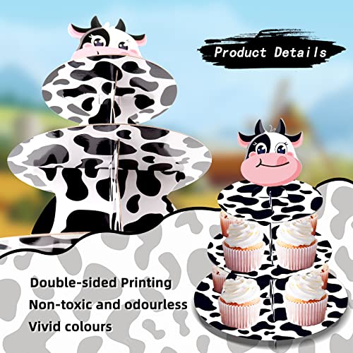 3 Tier Cow Print Cupcake Stand, Cow Print Party Decorations Cupcake Holder, Farm Theme Round Cardboard Cupcake Stand, Cow Decor for Baby Shower Birthday Party Supplies