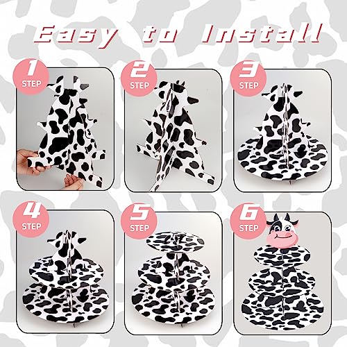 3 Tier Cow Print Cupcake Stand, Cow Print Party Decorations Cupcake Holder, Farm Theme Round Cardboard Cupcake Stand, Cow Decor for Baby Shower Birthday Party Supplies