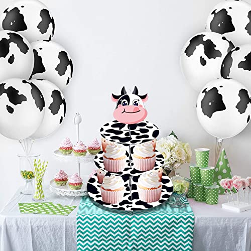 3 Tier Cow Print Cupcake Stand, Cow Print Party Decorations Cupcake Holder, Farm Theme Round Cardboard Cupcake Stand, Cow Decor for Baby Shower Birthday Party Supplies