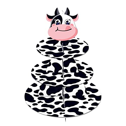 3 Tier Cow Print Cupcake Stand, Cow Print Party Decorations Cupcake Holder, Farm Theme Round Cardboard Cupcake Stand, Cow Decor for Baby Shower Birthday Party Supplies