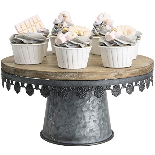 MyGift Rustic Galvanized Metal Cake Stand - 12 Inch Vintage Wood Top Dessert Server and Cupcake Display Riser with Decorative Scalloped Rim