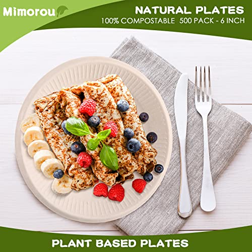 Mimorou 500 Counts 6 Inch Disposable Paper Plates Bulk Heavy Duty Sugarcane Brown Paper Plates Bulk Small Dessert Party Appetizer Cakes Restaurant Party Supplies