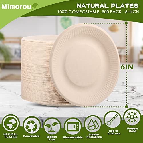 Mimorou 500 Counts 6 Inch Disposable Paper Plates Bulk Heavy Duty Sugarcane Brown Paper Plates Bulk Small Dessert Party Appetizer Cakes Restaurant Party Supplies