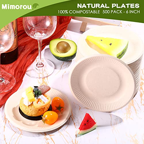 Mimorou 500 Counts 6 Inch Disposable Paper Plates Bulk Heavy Duty Sugarcane Brown Paper Plates Bulk Small Dessert Party Appetizer Cakes Restaurant Party Supplies