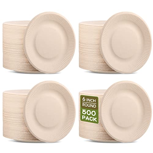 Mimorou 500 Counts 6 Inch Disposable Paper Plates Bulk Heavy Duty Sugarcane Brown Paper Plates Bulk Small Dessert Party Appetizer Cakes Restaurant Party Supplies