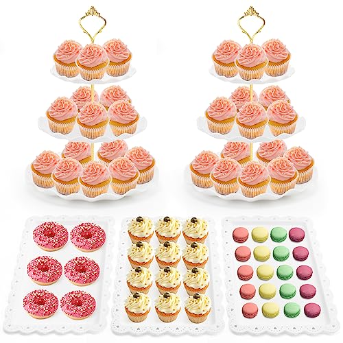 Coitak 5 Pieces Cupcake Stand Set, 2 Pieces 3 Tier Cupcake Stands 3 Pieces Appetizer Trays, Dessert Tower Tray for Tea Party, Baby Shower and Wedding