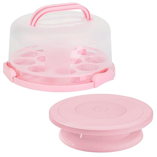 DZ CLAN Cake Carrier, Carrier Cupcake Holder with Cake Turntable, Cake Carrier with Lid and Handle(Pink)