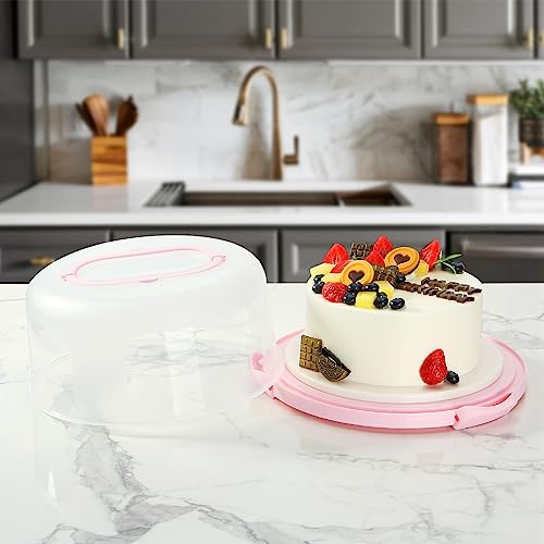 DZ CLAN Cake Carrier, Carrier Cupcake Holder with Cake Turntable, Cake Carrier with Lid and Handle(Pink)